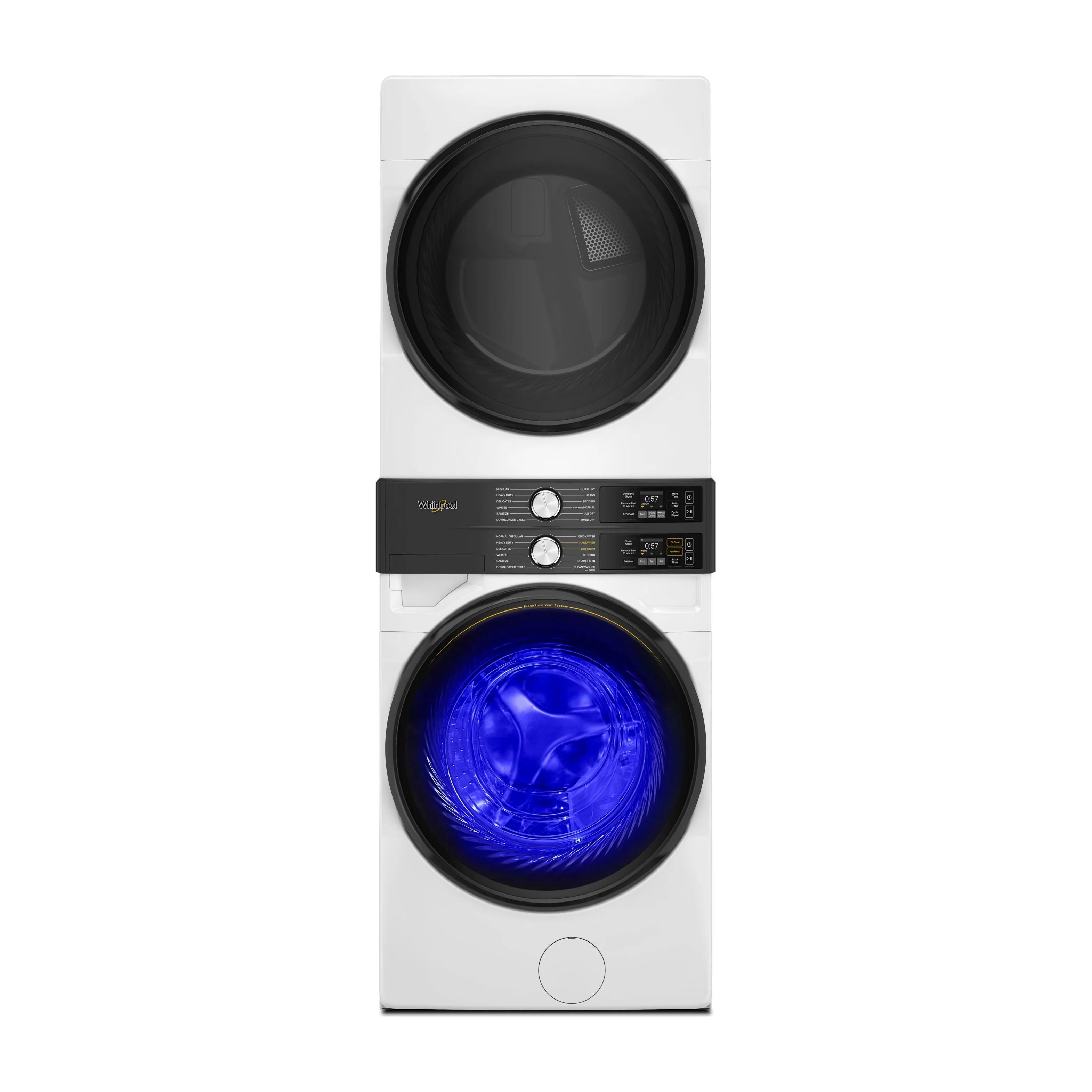 Factory Closeout Whirlpool Smart ENERGY STAR® Front Load Laundry Tower with UV Clean Technology & FreshFlowTM Vent System 4.5 cu. ft. Washer & 7.4 cu. ft. Electric Dryer