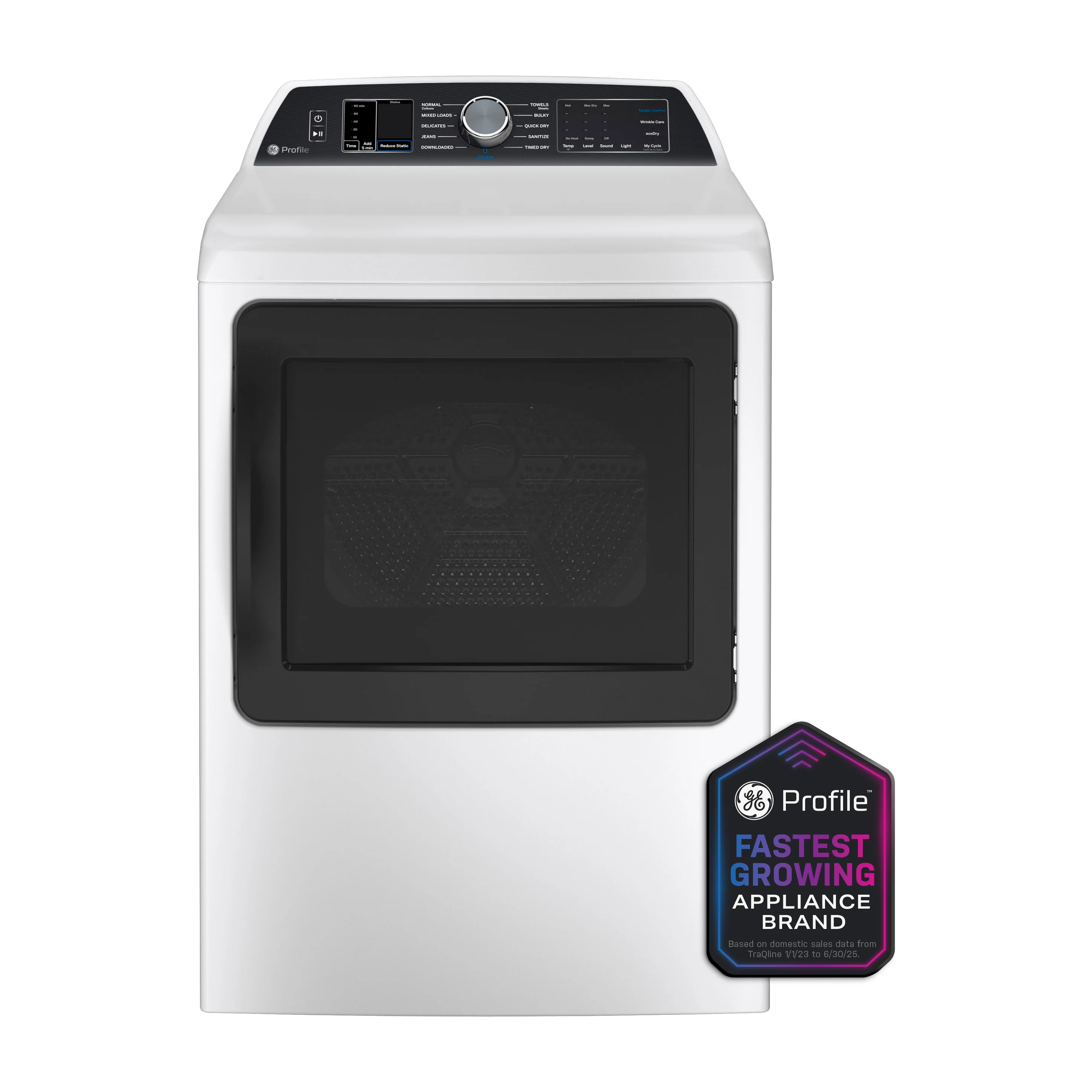 Factory Closeout GE Profile GE Profile™ 7.4 cu. ft. Capacity Smart aluminized alloy drum Electric Dryer with Sanitize Cycle and Sensor Dry