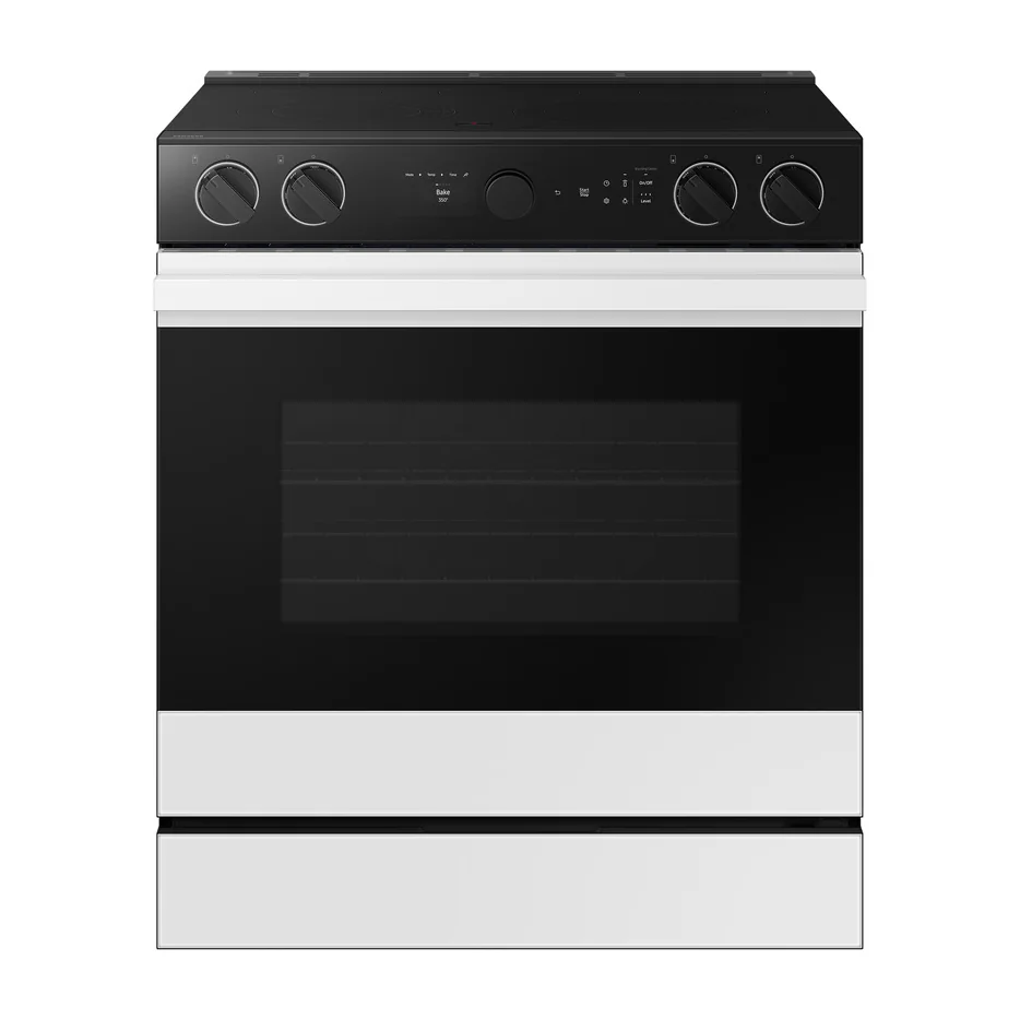 Factory Closeout Samsung Bespoke 6.3 cu. ft. Smart Slide-In Electric Range with Smart Oven Camera & Illuminated Precision Knobs in White Glass