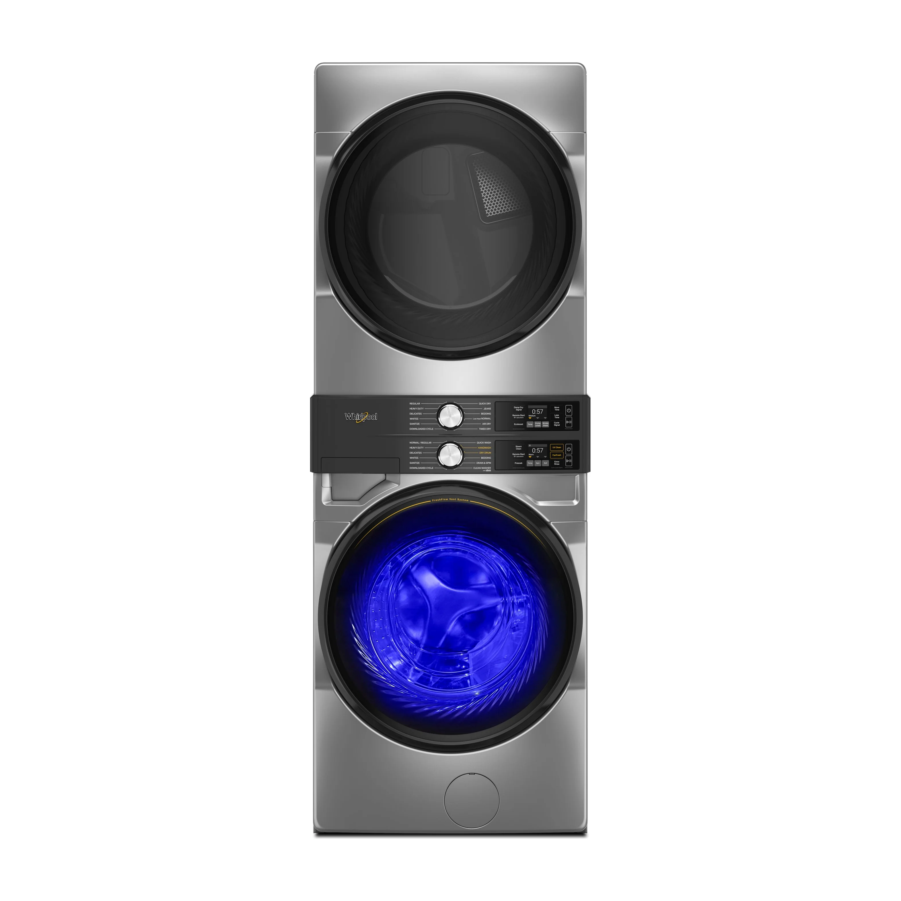 Factory Closeout Whirlpool Smart ENERGY STAR® Front Load Laundry Tower with UV Clean Technology & FreshFlowTM Vent System 4.5 cu. ft. Washer & 7.4 cu. ft. Electric Dryer